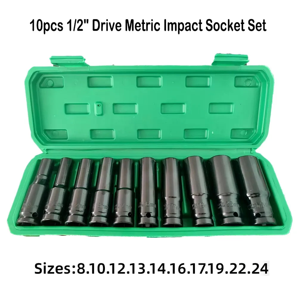 10pcs 1/2" Drive Metric Impact Socket Set Universal Socket Metric Drive Deep Socket Set Wrench for Air Pneumatic Repair Tools