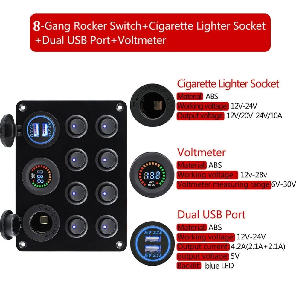 12V 8 Gang Waterproof Circuit Breaker Toggle Switch Panel For Car Boat RV Truck Marine ATV UTV Caravan