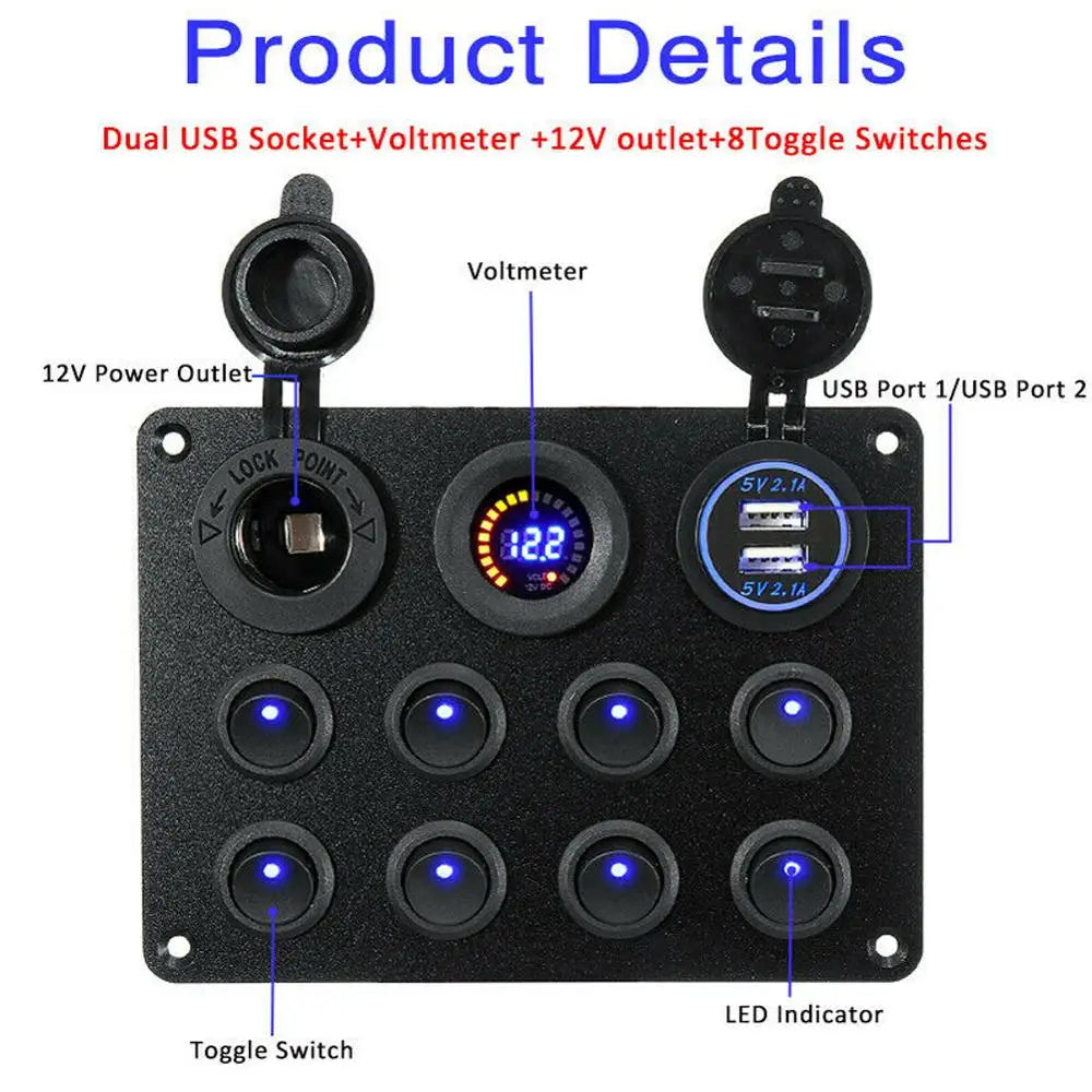 12V 8 Gang Waterproof Circuit Breaker Toggle Switch Panel For Car Boat RV Truck Marine ATV UTV Caravan