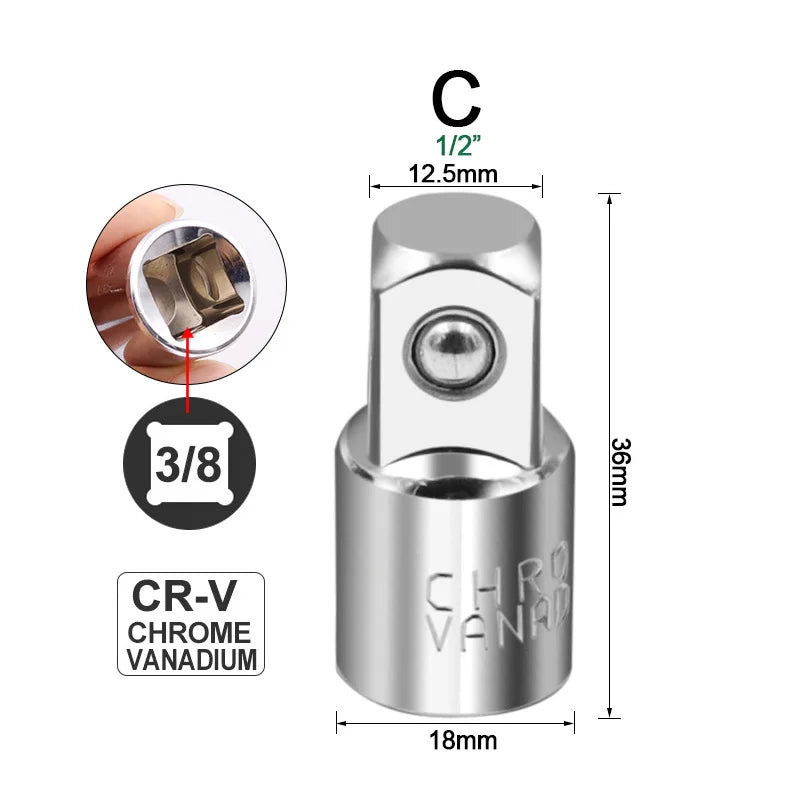 Ratchet Wrench Socket Converter Sleeve Head Adapter 1/2 "Big Fly To 3/8" Fly To 1/4 "Stainless Steel to 1/4" To 1/2 "To 3/8"