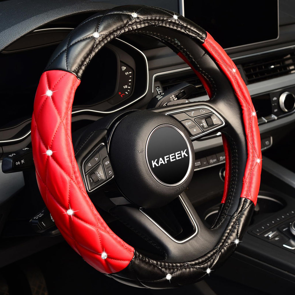 Car Steering Wheel Cover Rhinestone Steering Wheel Cover Four-Season Universal Diamond Soft Leather Non-Slip Steering Wheel Cover with Shiny
