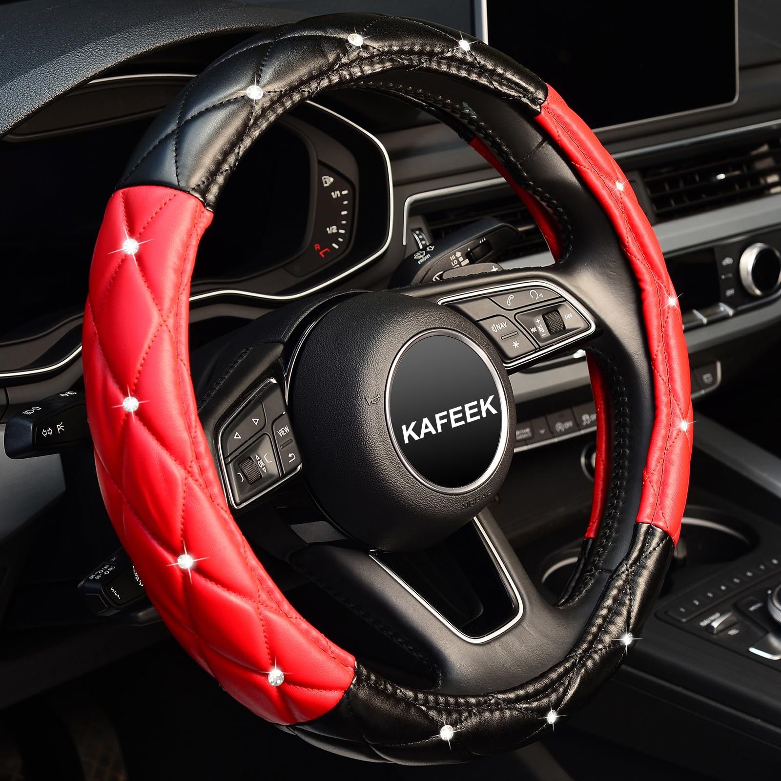 Car Steering Wheel Cover Rhinestone Steering Wheel Cover Four-Season Universal Diamond Soft Leather Non-Slip Steering Wheel Cover with Shiny