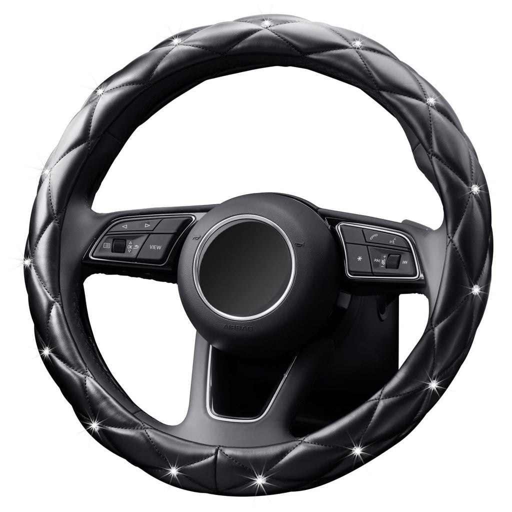 Car Steering Wheel Cover Rhinestone Steering Wheel Cover Four-Season Universal Diamond Soft Leather Non-Slip Steering Wheel Cover with Shiny