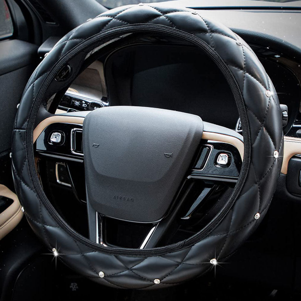 Car Steering Wheel Cover Rhinestone Steering Wheel Cover Four-Season Universal Diamond Soft Leather Non-Slip Steering Wheel Cover with Shiny