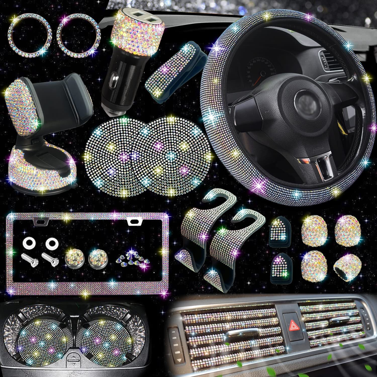 Car steering wheel cover non-slip comfortable no inner ring handle set diamond US gauge license plate frame rhinestone car decoration cross-border