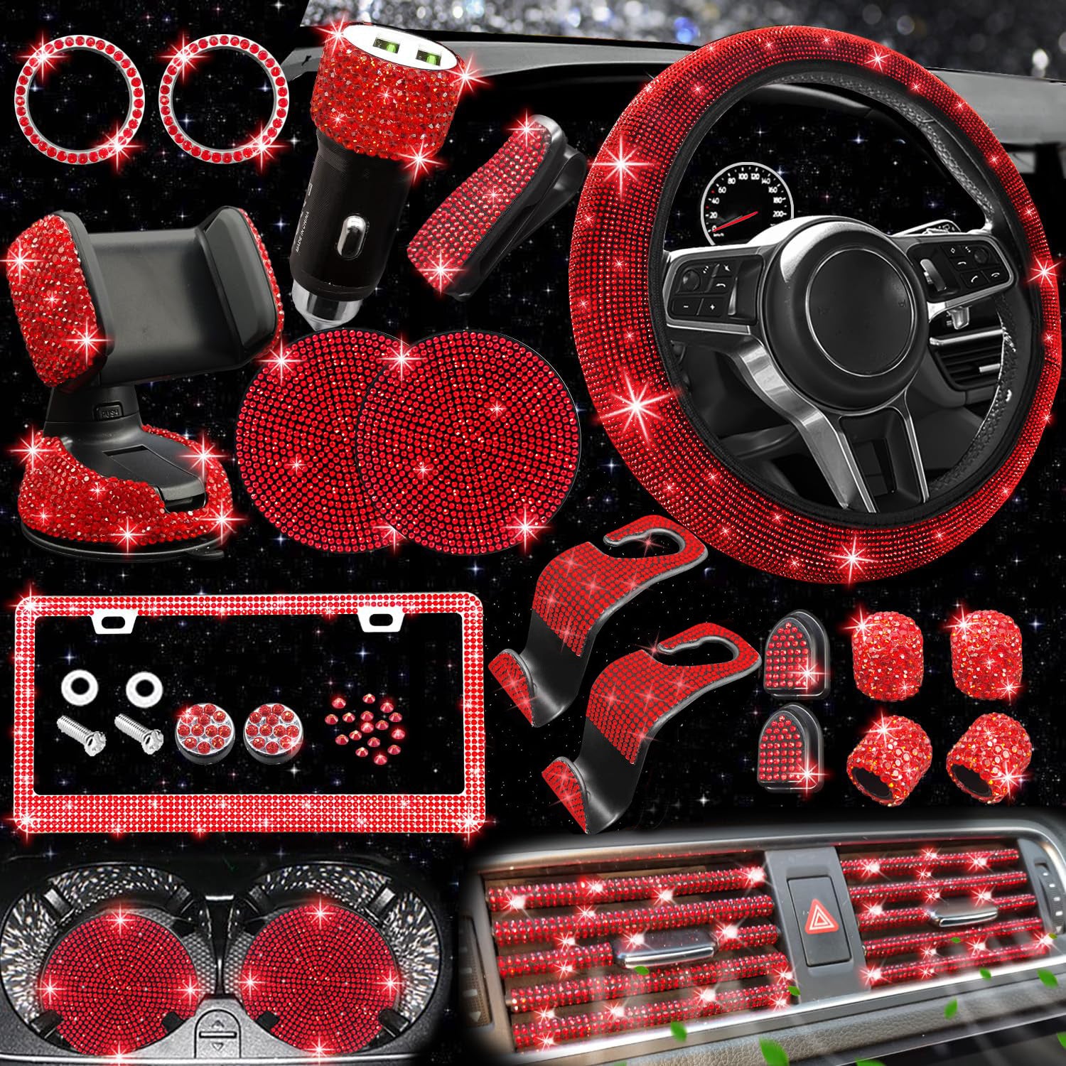 Car steering wheel cover non-slip comfortable no inner ring handle set diamond US gauge license plate frame rhinestone car decoration cross-border