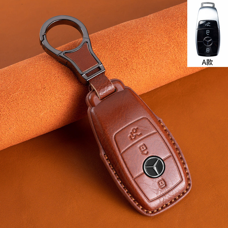 Suitable for Mercedes-Benz GLEGLAC200L c260L E300L first layer vegetable tanned leather leather key cover E-class S-class c