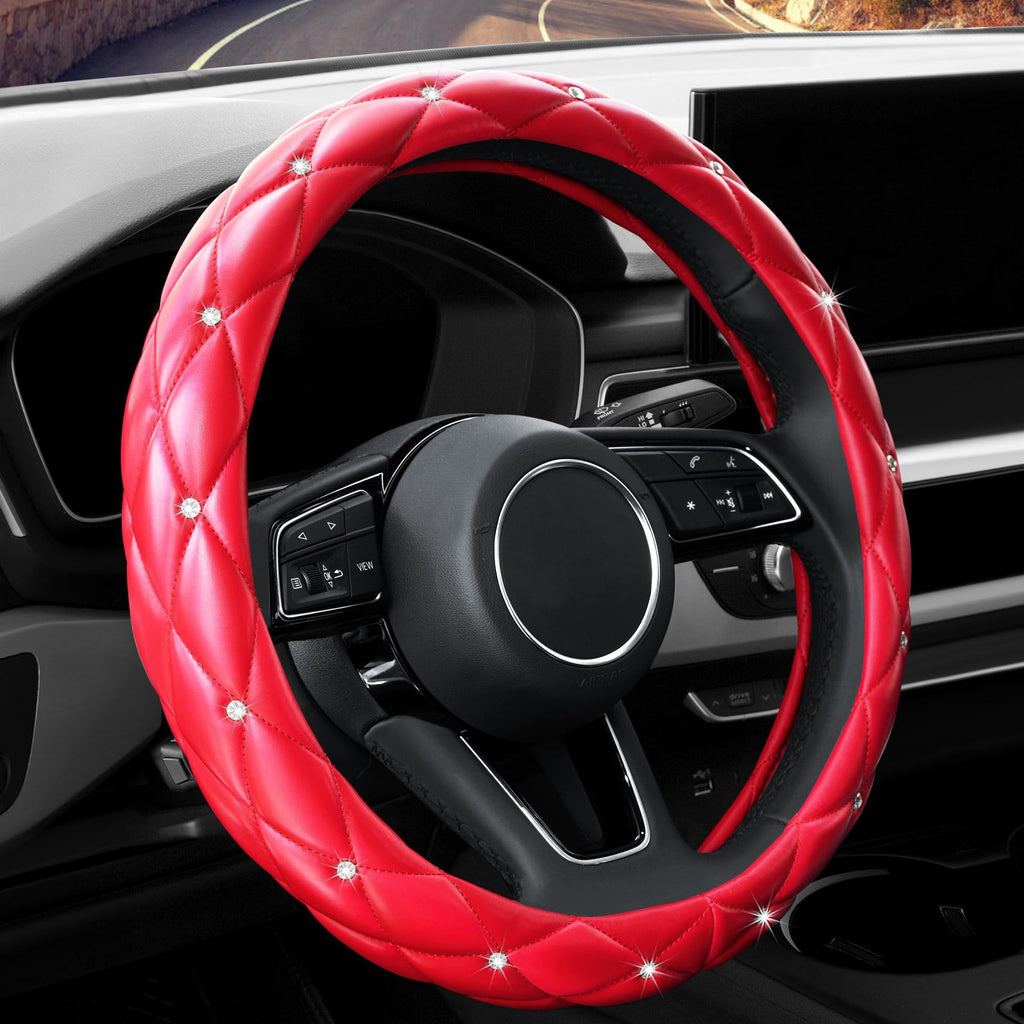 Car Steering Wheel Cover Rhinestone Steering Wheel Cover Four-Season Universal Diamond Soft Leather Non-Slip Steering Wheel Cover with Shiny