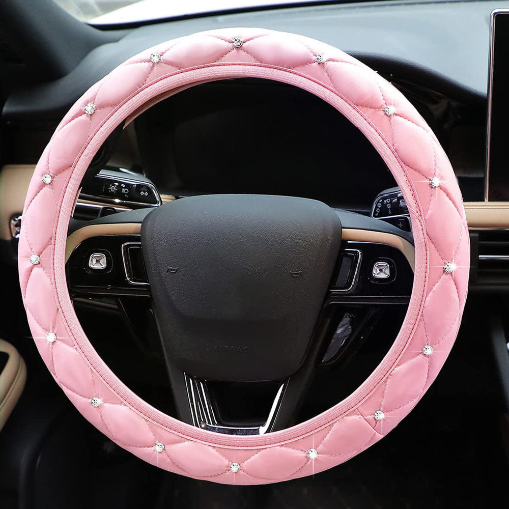 Car Steering Wheel Cover Rhinestone Steering Wheel Cover Four-Season Universal Diamond Soft Leather Non-Slip Steering Wheel Cover with Shiny