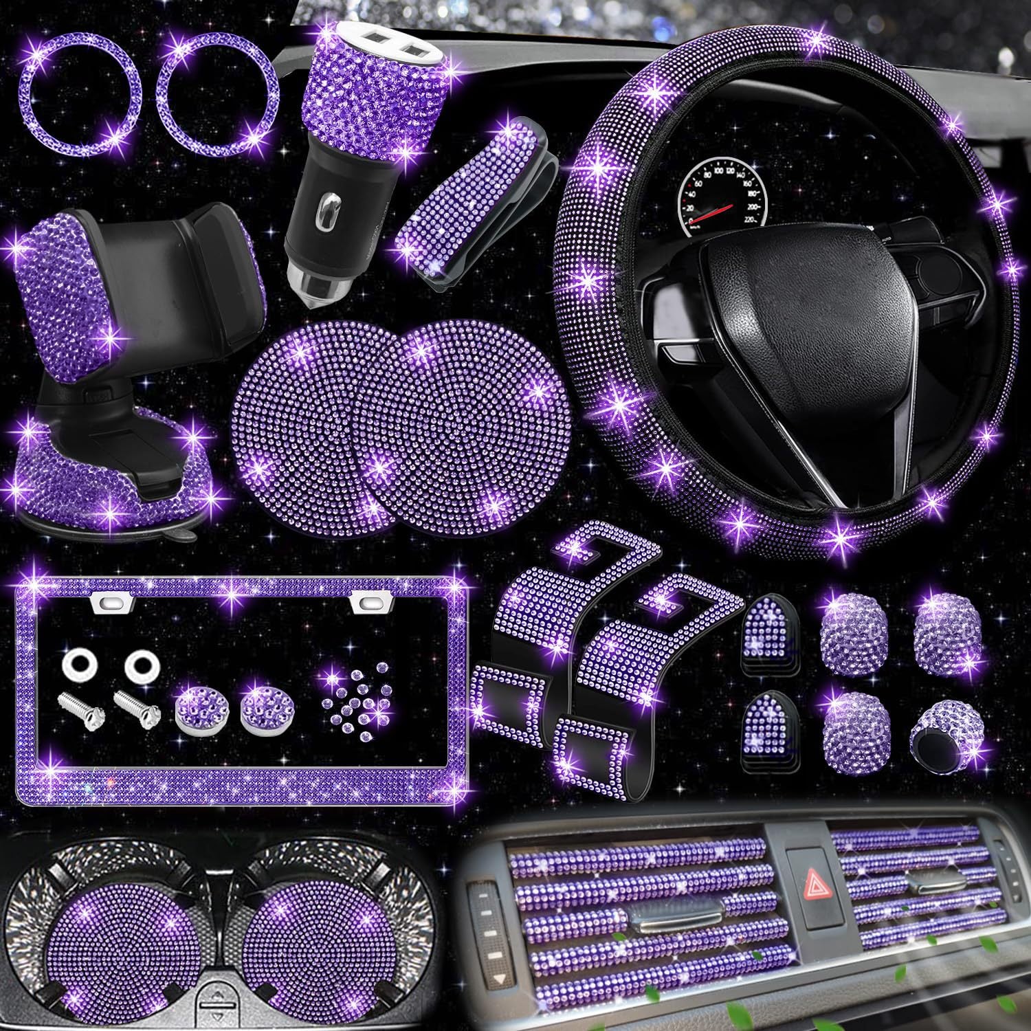 Car steering wheel cover non-slip comfortable no inner ring handle set diamond US gauge license plate frame rhinestone car decoration cross-border