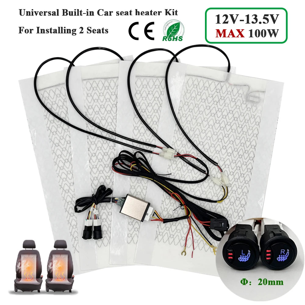 Universal Max 100W  Built-in Car Seat Heater Kit  Fit 2 Seats with 12V Carbon Fiber Heating Pads 3 Levels Control Switch System