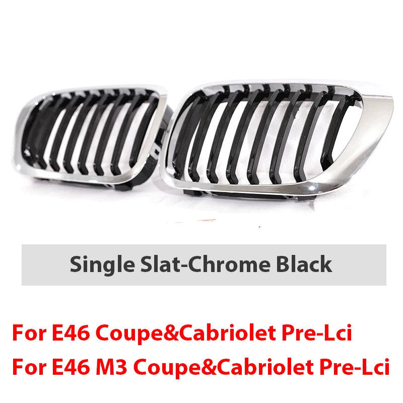 Single Slat Grill Kidney Carbon Chrome Grille For 3 Series E46 2-Door 1998-2002 Pre-Facelift & 2000-2007 E46 M3 Coupe Cabriolet