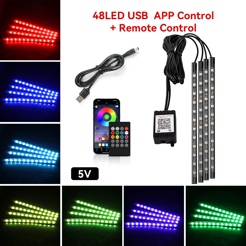 Neon 36 48 72 LED Car Interior Ambient Foot Light Kit Backlight Remote App Music Control Auto RGB Atmosphere Decorative Lamp