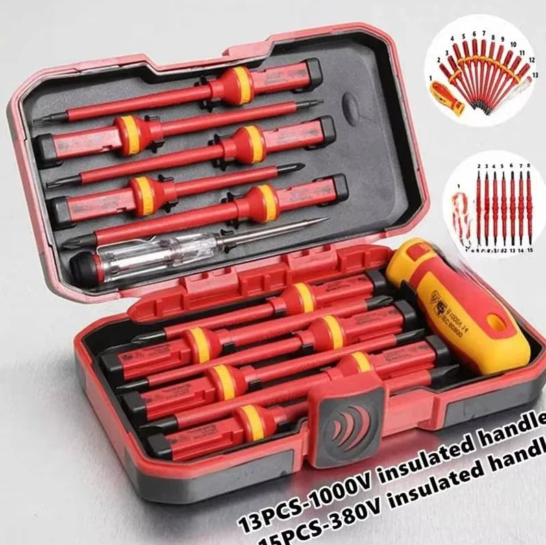 Electrician Repair Tools Kit 15pcs 1000V Changeable Insulated Screwdrivers Set with Magnetic Slotted Phillips Pozidriv Torx Bits
