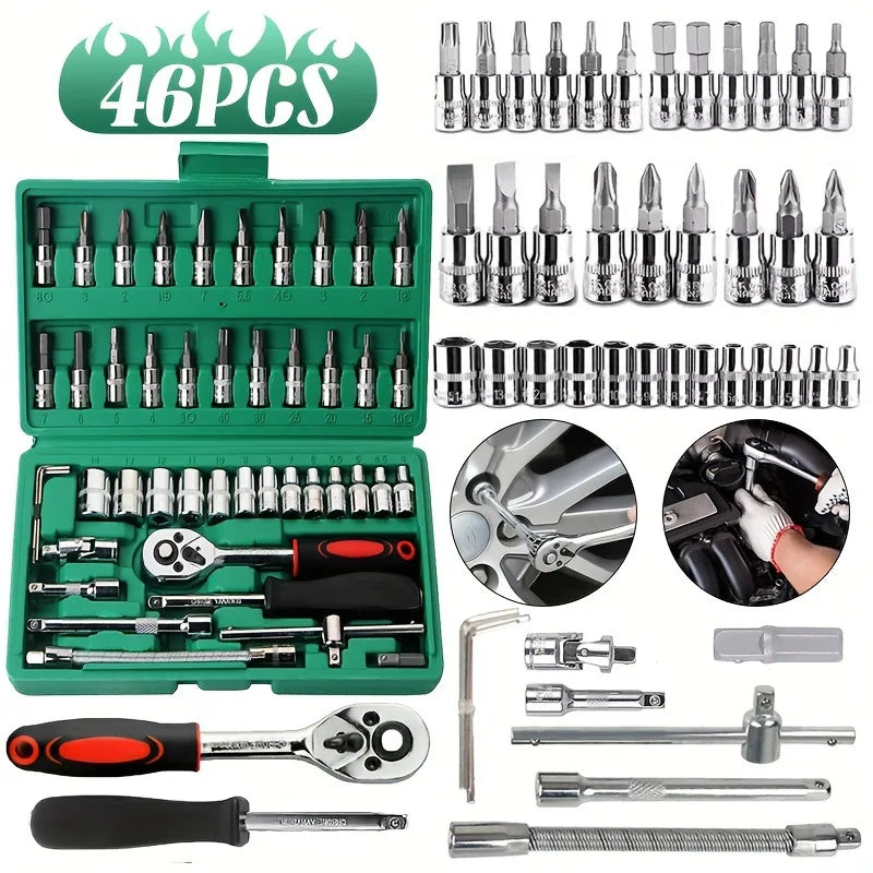 2025 New 46-piece Auto Repair Combination Ratchet Wrench Auto Maintenance Vehicle-mounted Socket Repair Set Tool Box