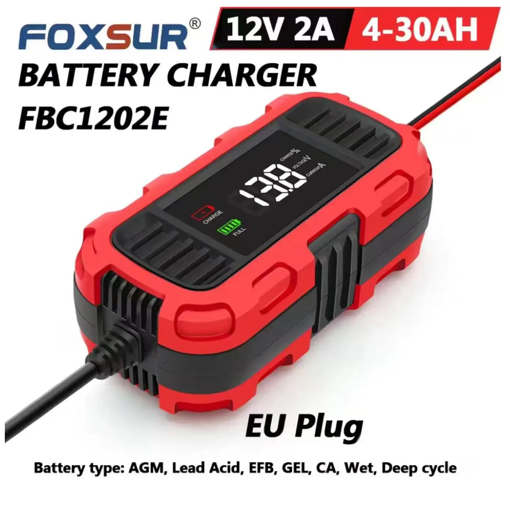 FOXSUR 12V 2A Smart Battery Chargers Universal 4AH-30AH Fully Automatic Trickle Battery Charger For Car Motorcycle AGM EFB GEL