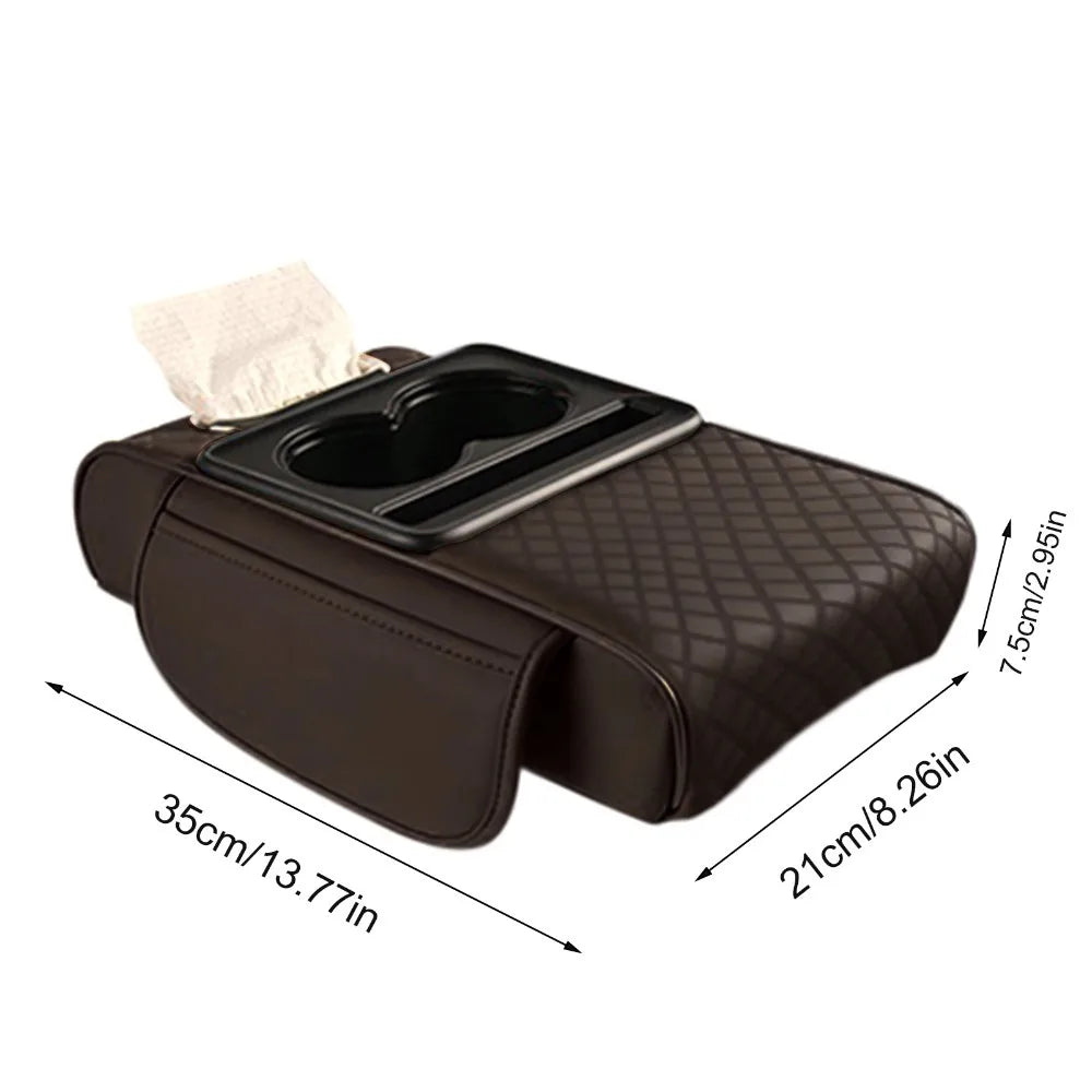 Auto Center Console Armrest Cushion With 2 Cup Holder PU Leather Armrest Pad Portable Car Amrest Pillow Cover Height Pad