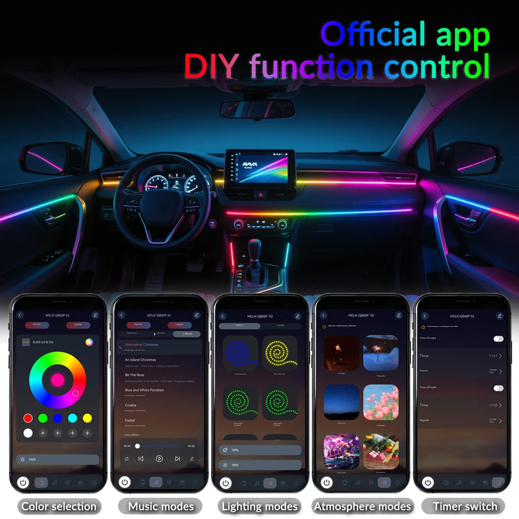 18 in 1 Car RGB Ambient Light Kit 64 Color Music APP Dynamic Streamer LED Interior Hidden Acrylic Neon Strip Car Interior Light