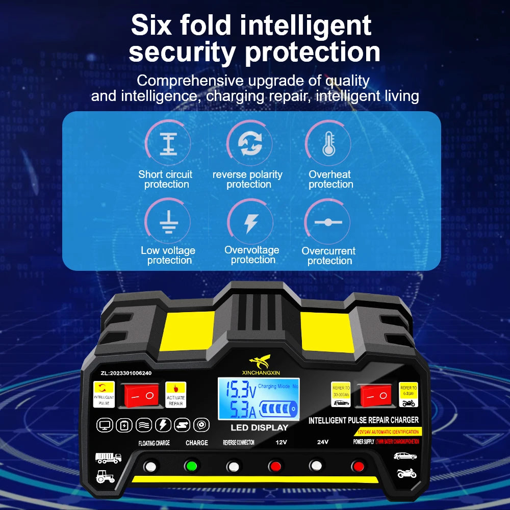 24V/12V 220W Car Battery Chargers Truck Battery Maintance Intelligent Pulse Repair For Lead Acid Battery Storage Cell Chargers