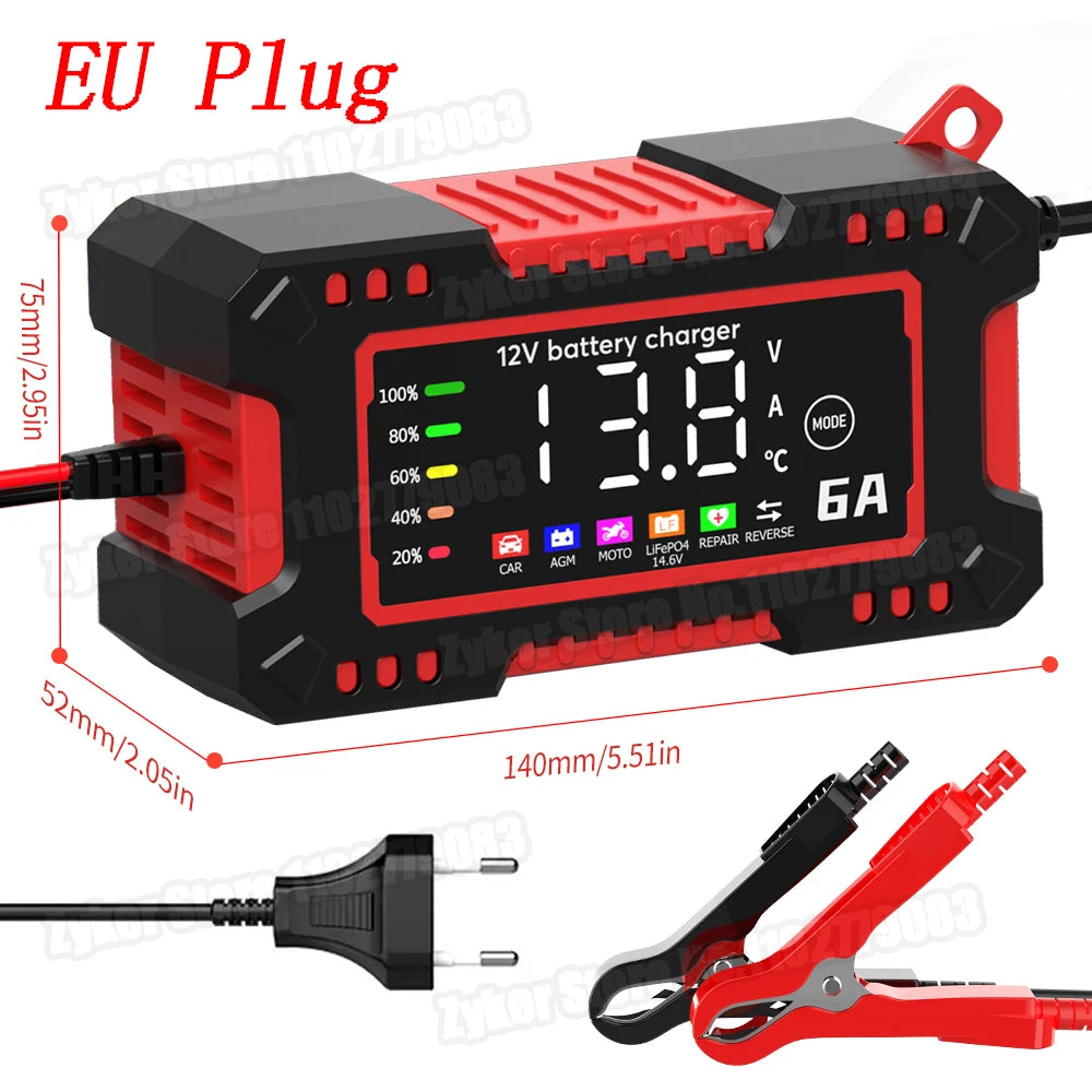 12V 6A Car Motorcycles Smart Battery Charger For Lifepo4 Lead Acid AGM GEL PB 14.6V 6A Battery Repair Digital Display EU Charger