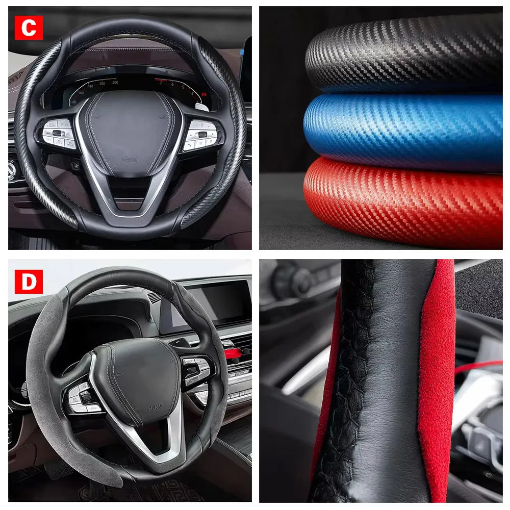Car Universal 38cm Carbon Fiber Car Steering Wheel Cover Non-slip Card Cover Auto Steering Wheel Handle Booster Protective Cover
