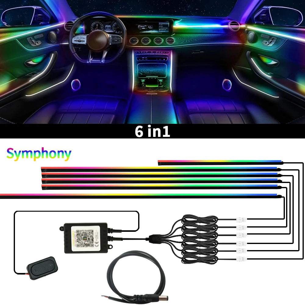 18 in 1 Car RGB Ambient Light Kit 64 Color Music APP Dynamic Streamer LED Interior Hidden Acrylic Neon Strip Car Interior Light