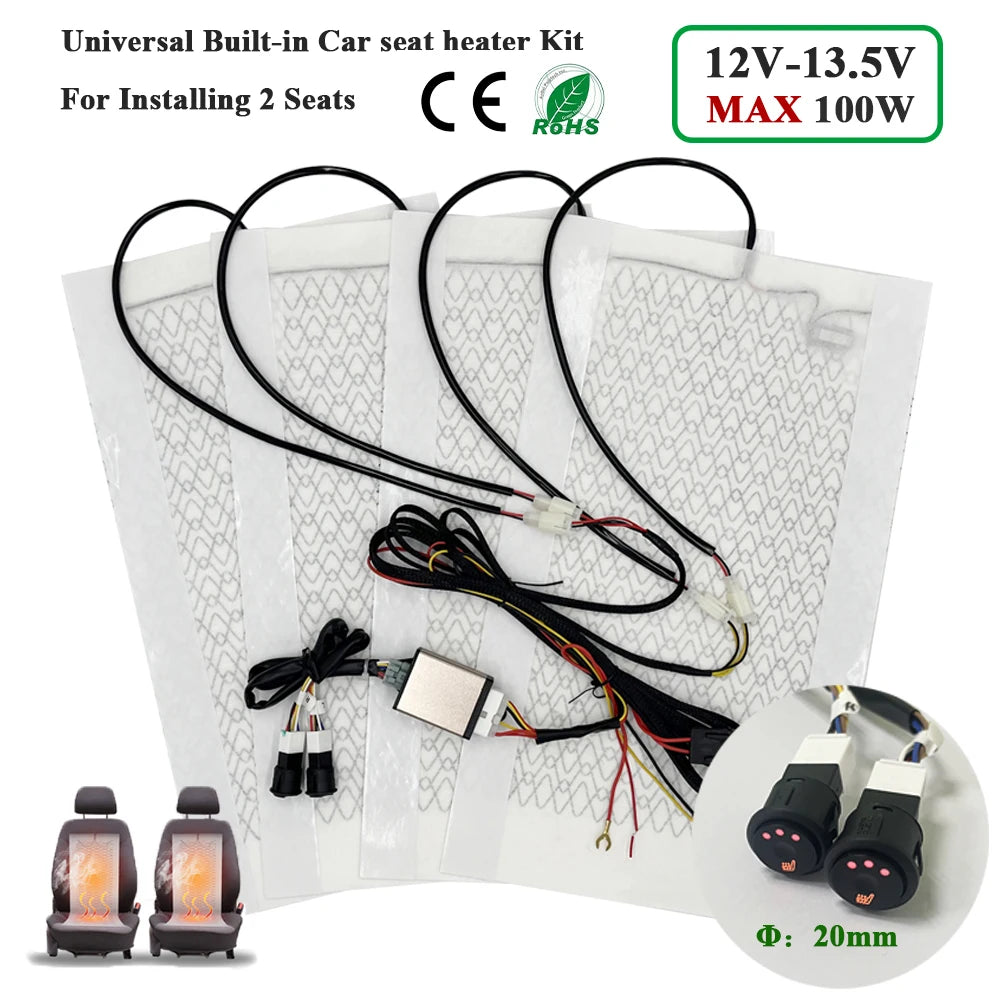 Universal Max 100W  Built-in Car Seat Heater Kit  Fit 2 Seats with 12V Carbon Fiber Heating Pads 3 Levels Control Switch System