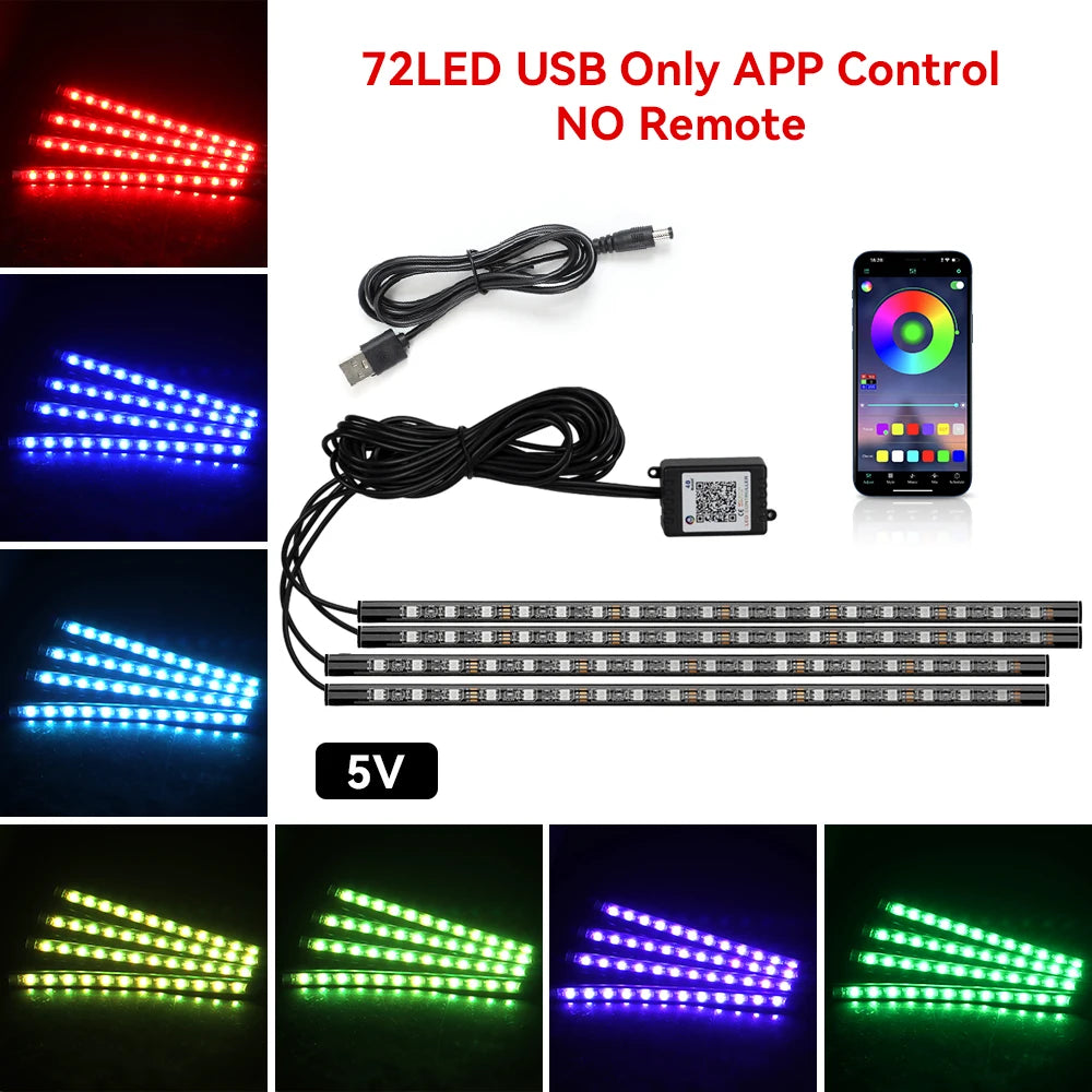Neon 36 48 72 LED Car Interior Ambient Foot Light Kit Backlight Remote App Music Control Auto RGB Atmosphere Decorative Lamp