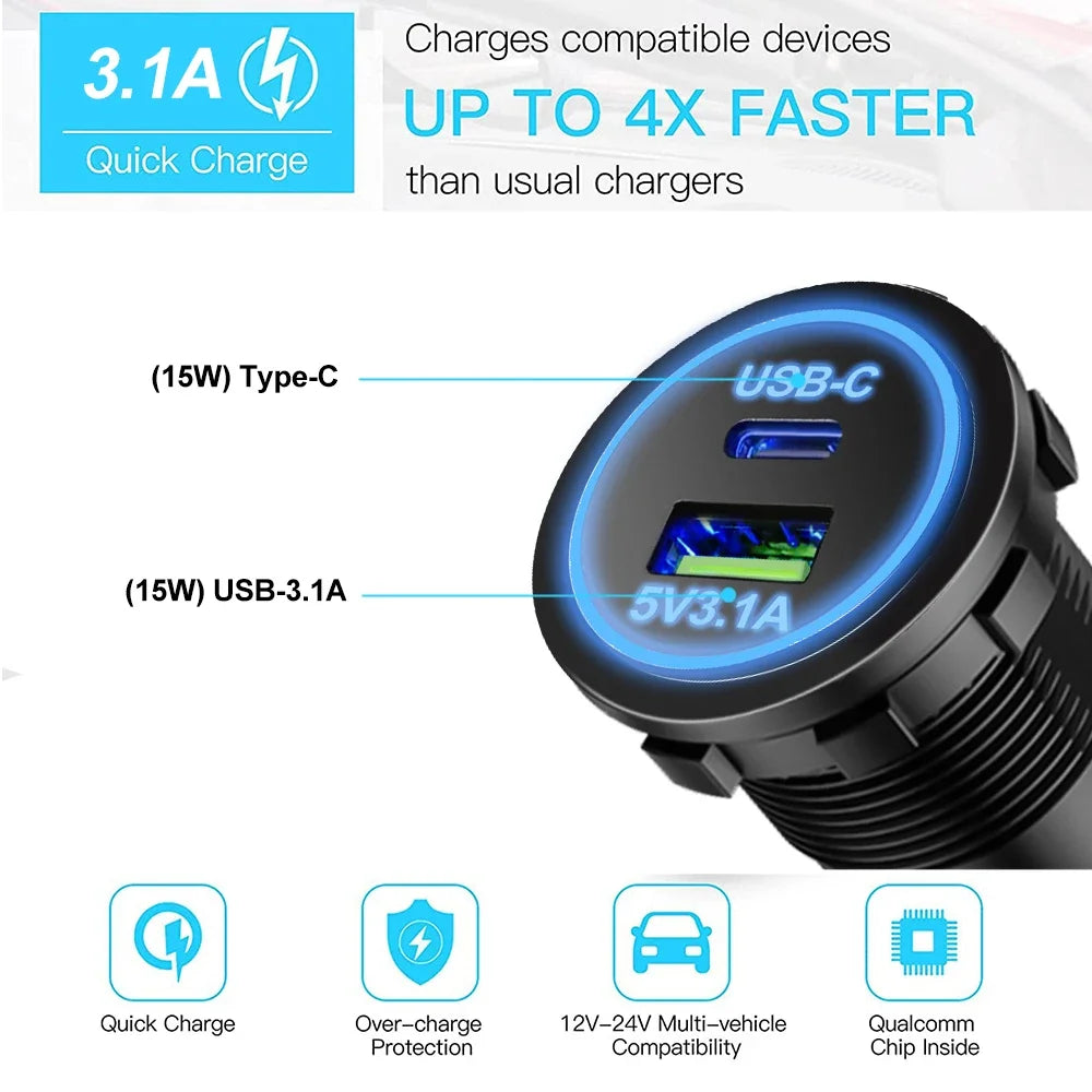 Universal Motorcycle Car Charger LED Light USB TYPE-C Charger Power Socket Cigarette Waterproof Light for Auto Truck ATV Boat
