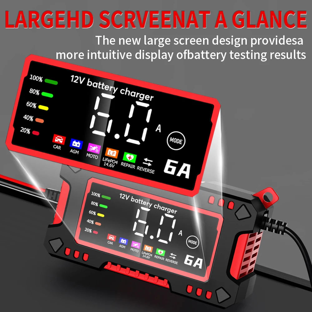 12V 6A Car Motorcycles Smart Battery Charger For Lifepo4 Lead Acid AGM GEL PB 14.6V 6A Battery Repair Digital Display EU Charger