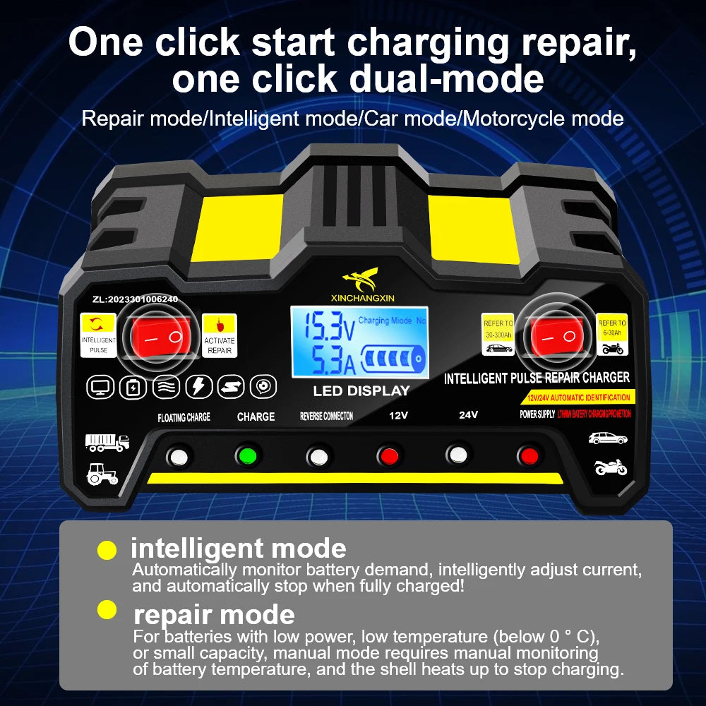 24V/12V 220W Car Battery Chargers Truck Battery Maintance Intelligent Pulse Repair For Lead Acid Battery Storage Cell Chargers