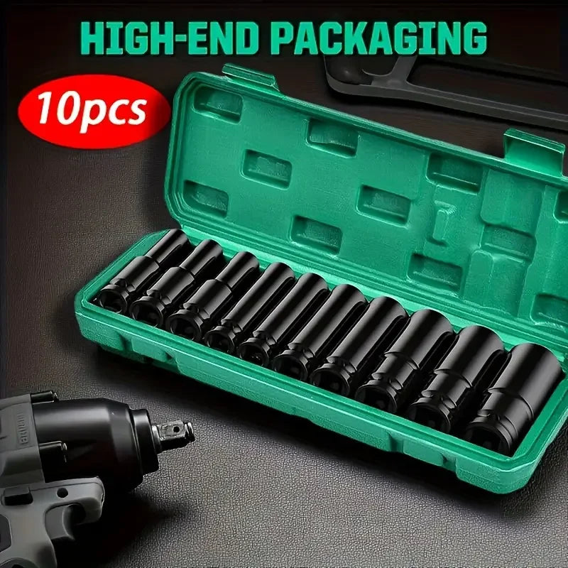 10pcs 1/2" Drive Metric Impact Socket Set Universal Socket Metric Drive Deep Socket Set Wrench for Air Pneumatic Repair Tools