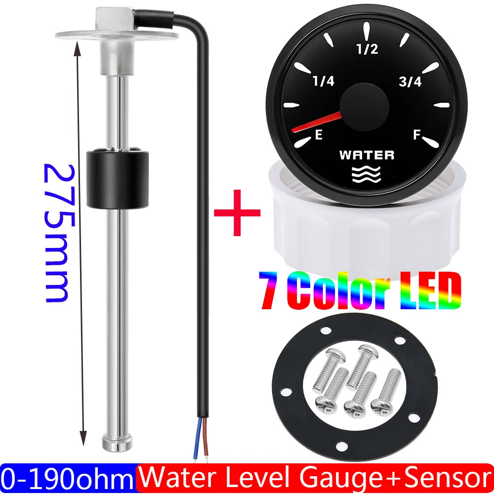 7 Color Backlight 52mm Water Level Gauge 0-190 Ohm Water Level Sensor Waterproof Water Tank Meter Indicator for Boat Car 12V 24V