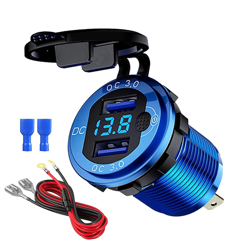 Quick Charger Aluminum QC3.0 Dual USB Car Charger with Switch Button LED Voltage Display for 12V/24V Cars Boats Motorcycle