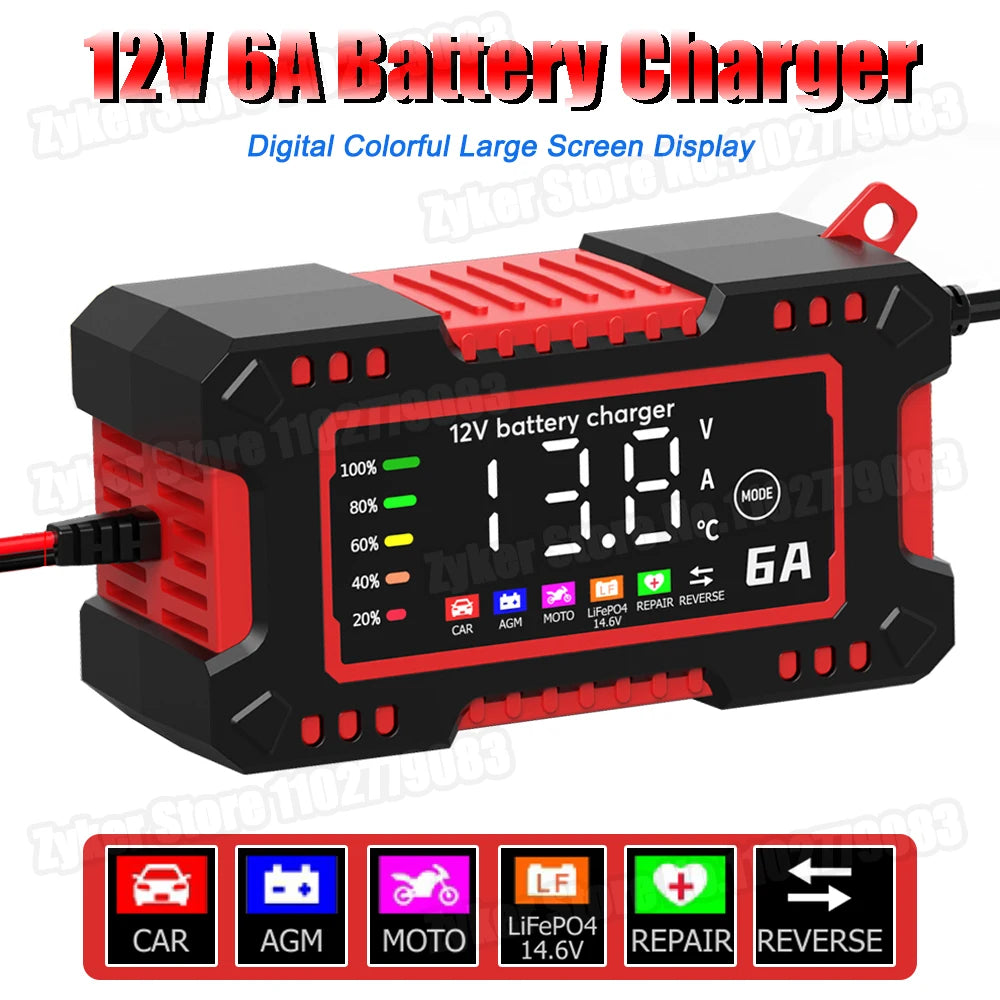 12V 6A Car Motorcycles Smart Battery Charger For Lifepo4 Lead Acid AGM GEL PB 14.6V 6A Battery Repair Digital Display EU Charger
