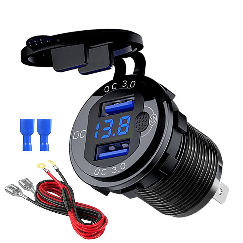 Quick Charger Aluminum QC3.0 Dual USB Car Charger with Switch Button LED Voltage Display for 12V/24V Cars Boats Motorcycle
