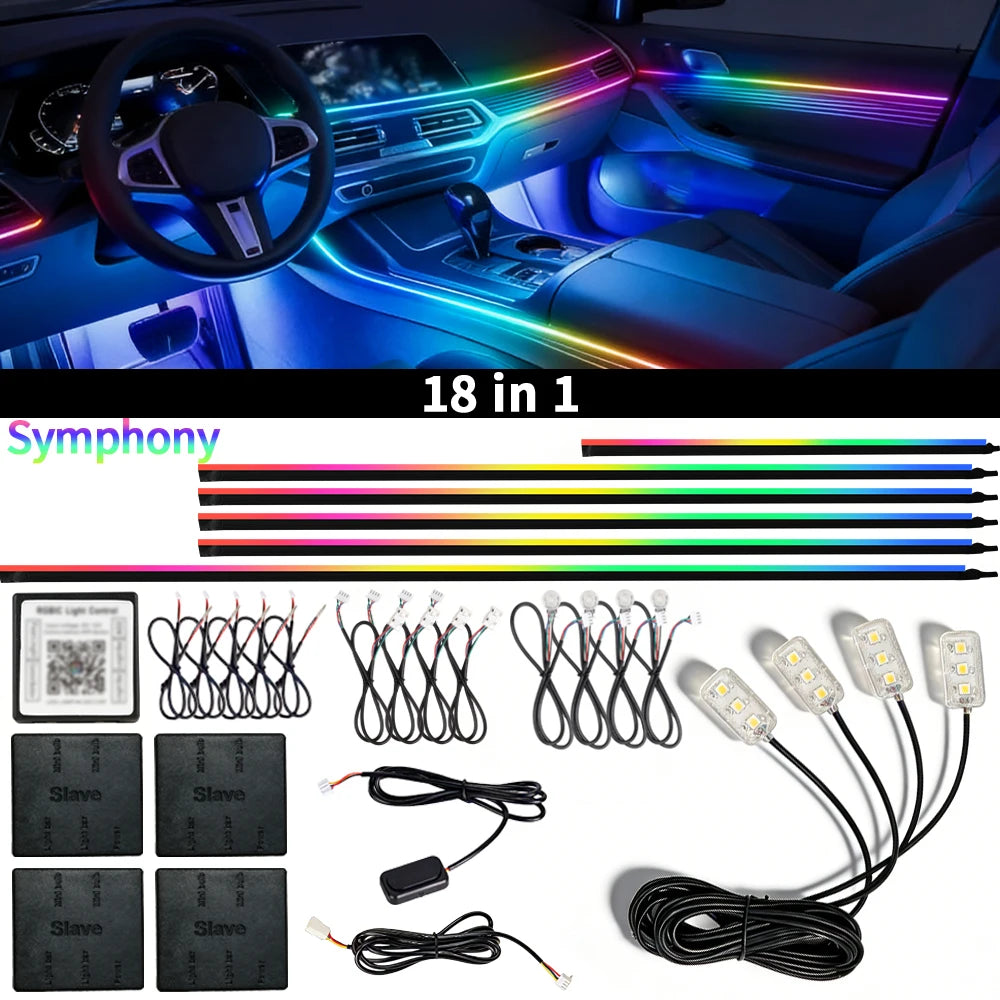 18 in 1 Car RGB Ambient Light Kit 64 Color Music APP Dynamic Streamer LED Interior Hidden Acrylic Neon Strip Car Interior Light