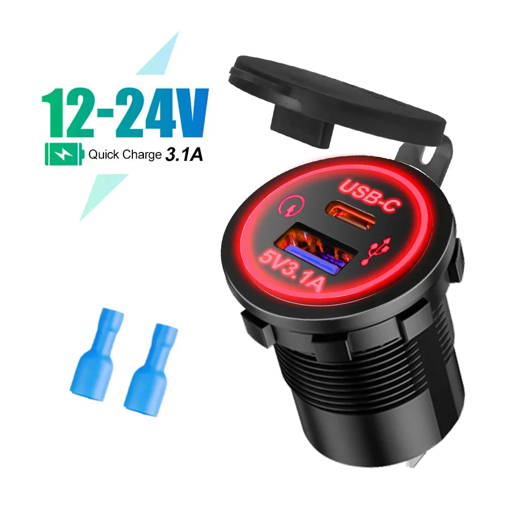 Universal Motorcycle Car Charger LED Light USB TYPE-C Charger Power Socket Cigarette Waterproof Light for Auto Truck ATV Boat