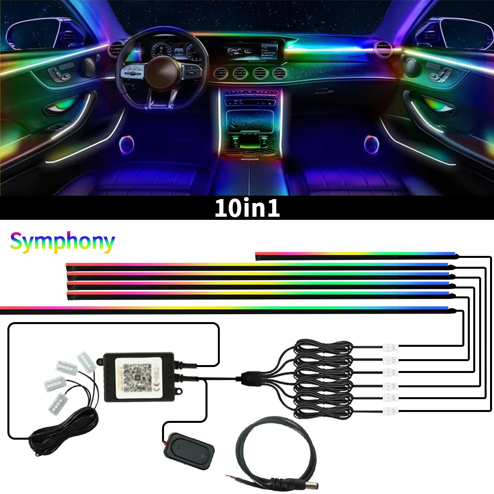 18 in 1 Car RGB Ambient Light Kit 64 Color Music APP Dynamic Streamer LED Interior Hidden Acrylic Neon Strip Car Interior Light
