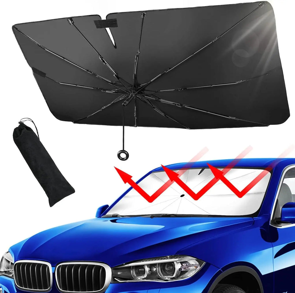 Windshield Sun Shade with 360° Pull Cord Anti-Scratch Handle - Upgraded Sunshade for Car Windshield with Double-Layer Fabric