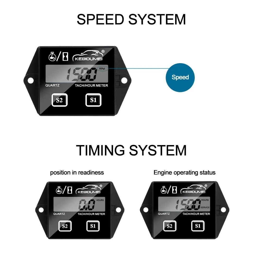 Kebidumei Motorcycle Tachometer IP65 Waterproof 0-20000 RPM Speed Gause Engine  LCD Display Working Time Meter Tach Hour Meter