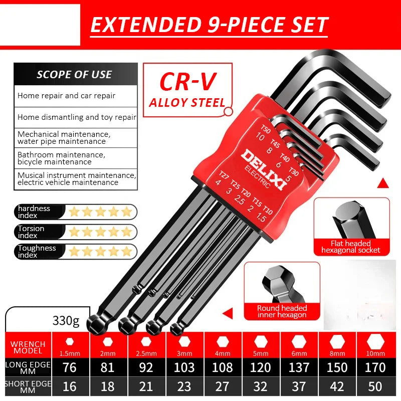 DELIXI ELECTRIC Allen Key Set，Allen Hex Wrench Screwdriver Set With Sleev Universal Torque Long Metric,for Motorcycles, Bicycles