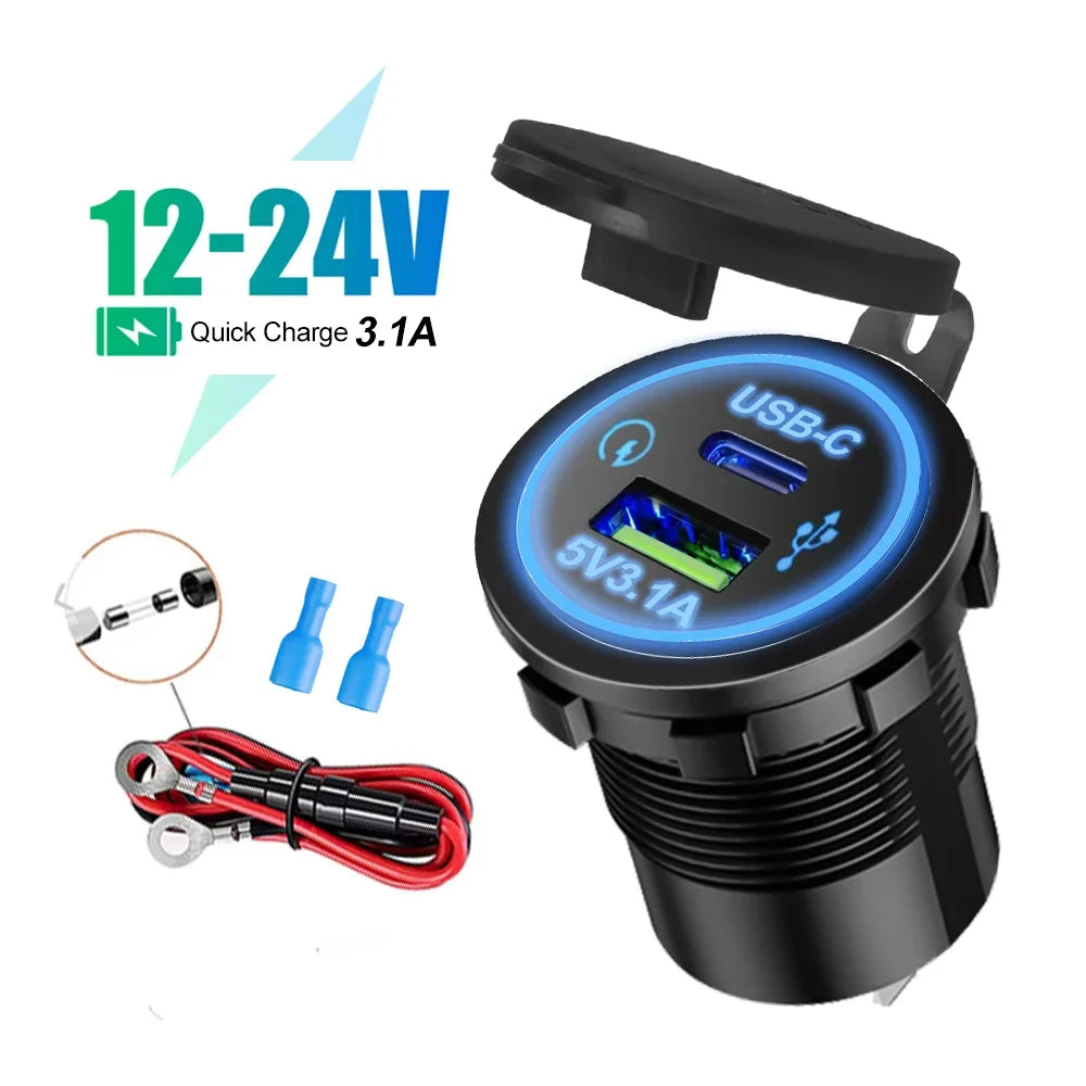 Universal Motorcycle Car Charger LED Light USB TYPE-C Charger Power Socket Cigarette Waterproof Light for Auto Truck ATV Boat
