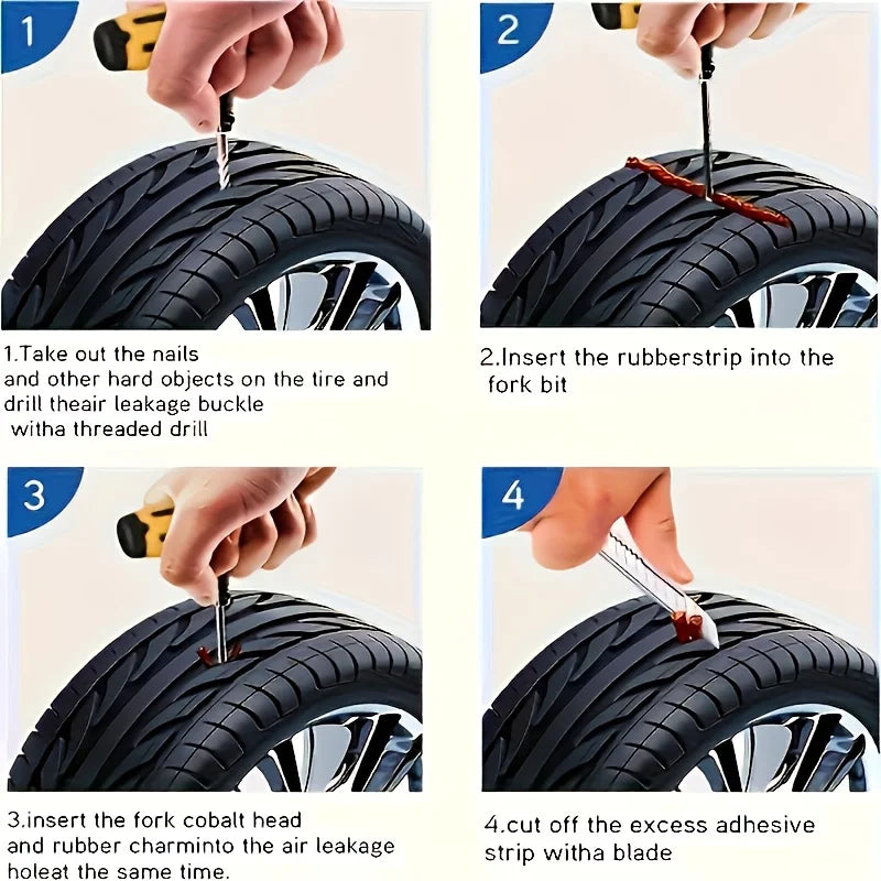 Universal Vacuum Tire Repair Kit - Emergency Puncture Fix for Car/Moto/Bike/Truck/SUV, With and Without Glue, Portable Fix