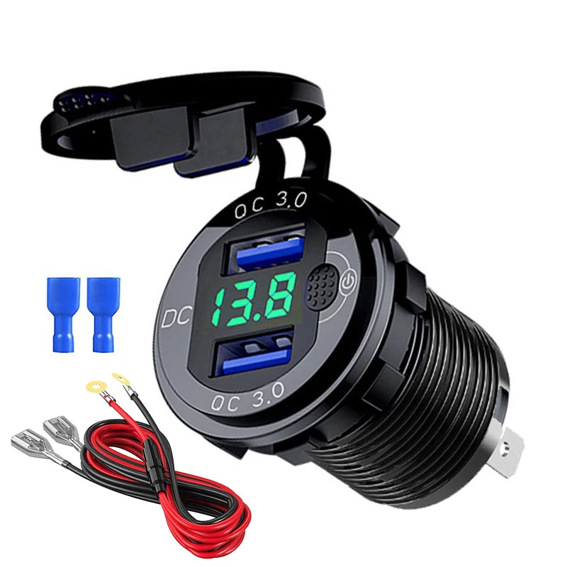 Quick Charger Aluminum QC3.0 Dual USB Car Charger with Switch Button LED Voltage Display for 12V/24V Cars Boats Motorcycle