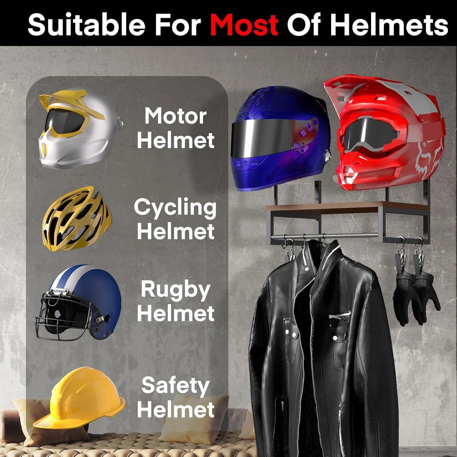 Wooden Motorcycle Helmet Wall Mount With Hooks Multipurpose Shelf Jacket Holders Kitchen Cabinet Shelf Helmet Display Stand