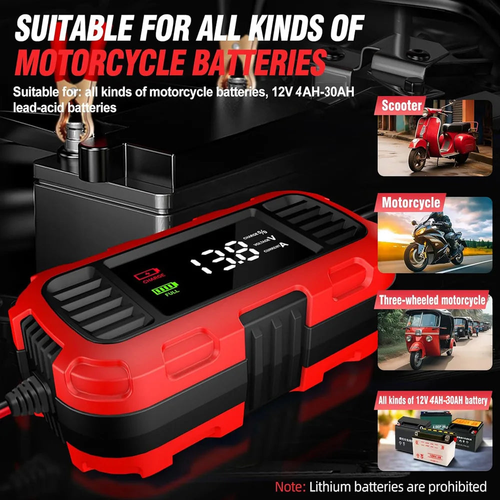 FOXSUR 12V 2A Smart Battery Chargers Universal 4AH-30AH Fully Automatic Trickle Battery Charger For Car Motorcycle AGM EFB GEL