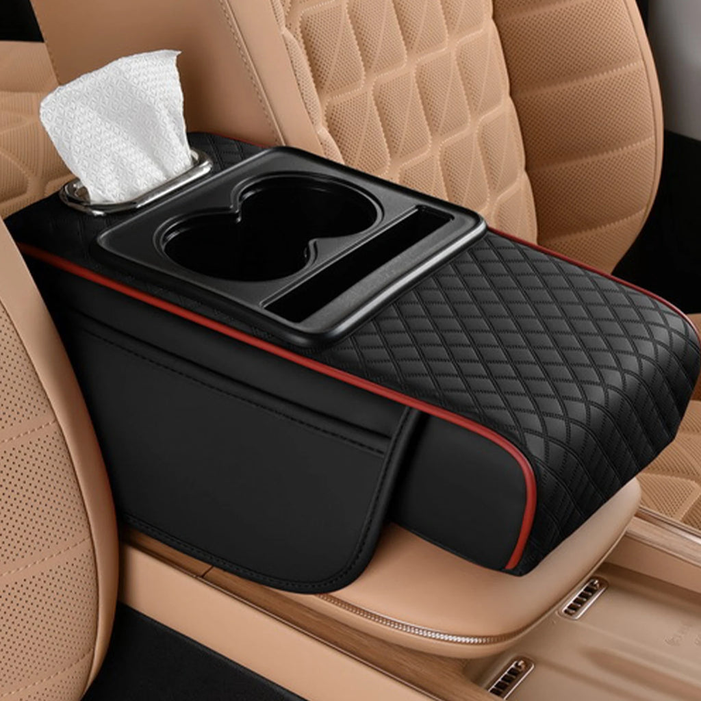 Car Armrest Box Heightening Cushion With Cup Holder Tissue Box Side Storage Pocket For Auto Interior Arm Rest Cover Height Pad