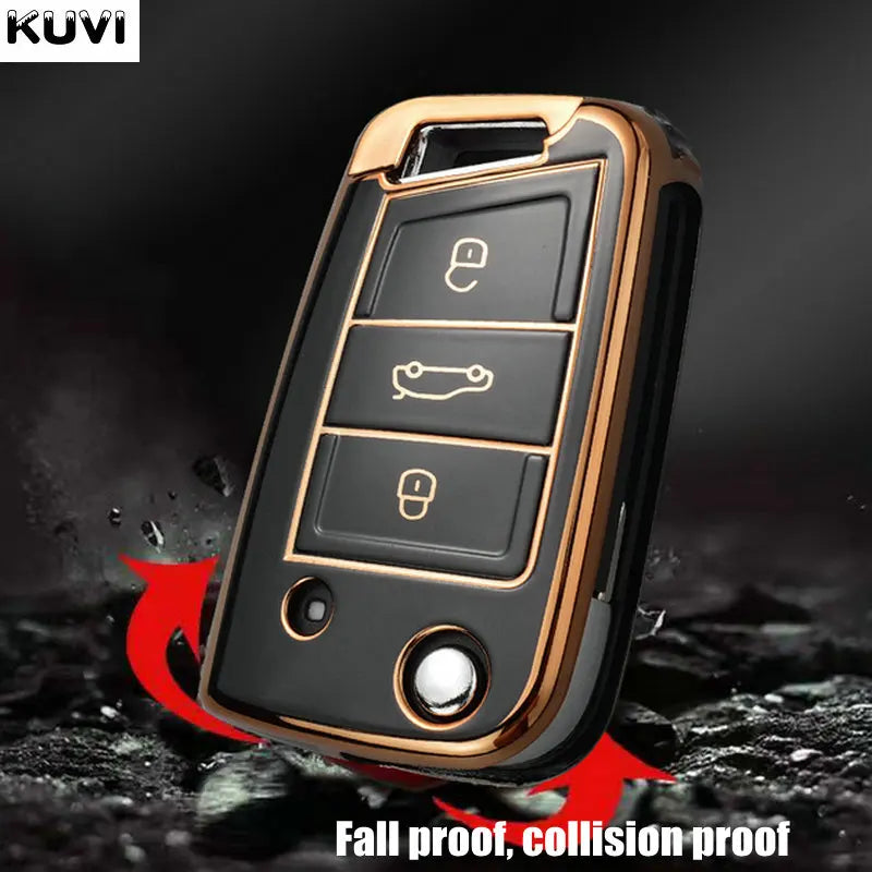 Kuvi TPU Car Flip Key Case Cover Shell Fob For VW Volkswagen Golf 7 MK7 Tiguan MK2 SEAT Ateca Leon FR 2 Ibiza Skoda Octavia A7
