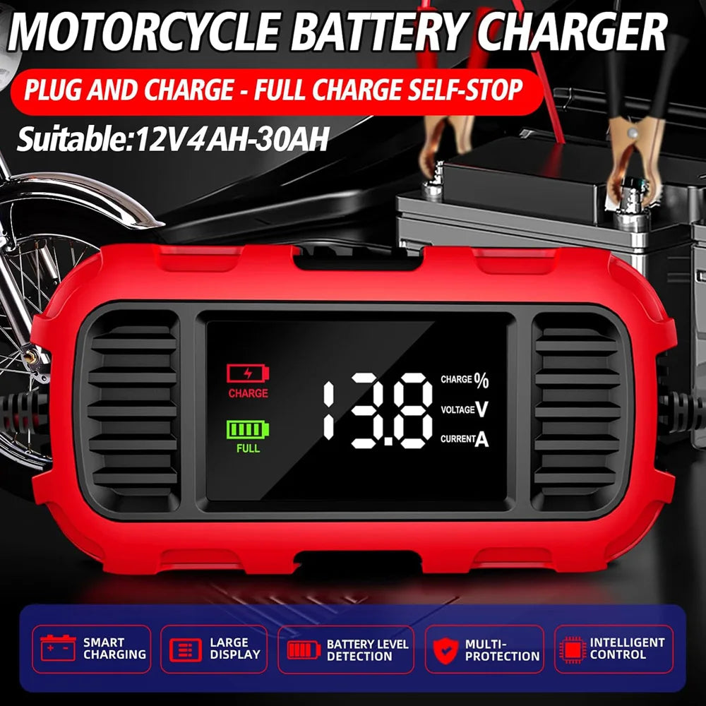 FOXSUR 12V 2A Smart Battery Chargers Universal 4AH-30AH Fully Automatic Trickle Battery Charger For Car Motorcycle AGM EFB GEL